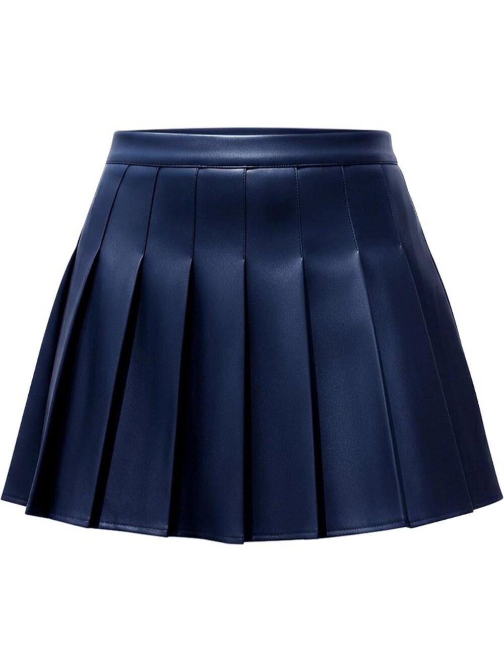 Women's Faux Leather Mini Skirt High Waist Dark Blue Skater Short Pleated Skirts - Picture 4 of 6